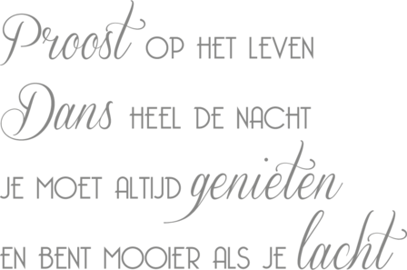 Muursticker proost op het leven, dans heel de nacht. Je moet altijd genieten en bent mooier als je lacht. | Muur &amp; Stickers