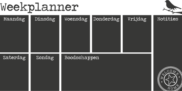 Krijtbordfolie 'Weekplanner Vogel' liggend | Muur & Stickers